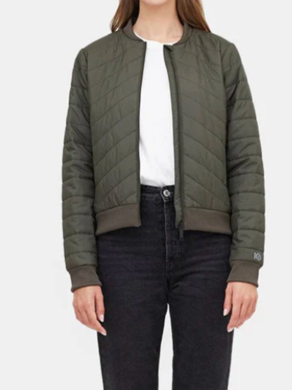 Tentree Women's Cloud Shell Bomber Jacket in black olive green